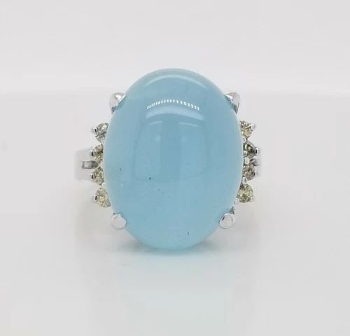 VINTAGE 14K WHITE GOLD BLUE CHALCEDONY RING | 14.75CT OVAL CABOCHON | DIAMOND (1 of 2)