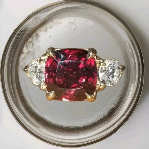 14K YELLOW GOLD ENGAGEMENT RING 3.52CT. NATURAL RED GARNET CUSHION SHAPE (1 of 2)