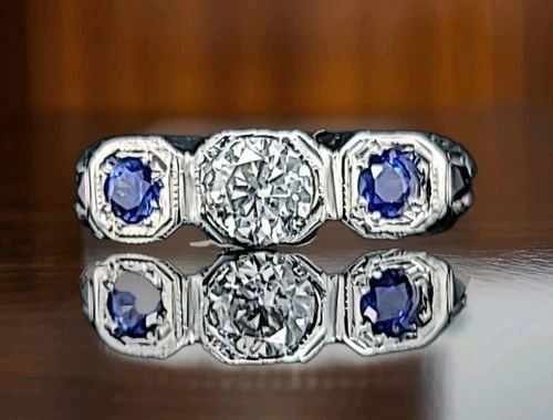 VINTAGE ART DECO 18K WHITE GOLD FILIGREE ENGAGEMENT RING – 0.58CT DIAMOND & BLUE (1 of 2)