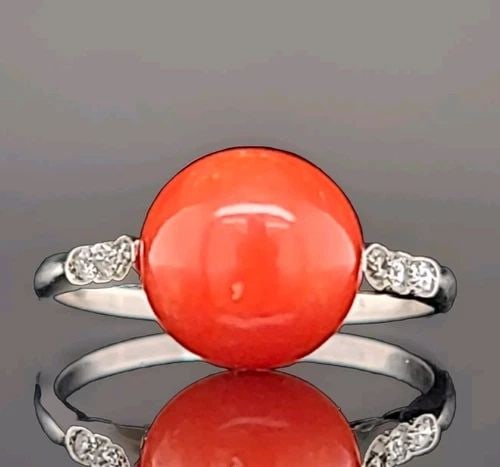FILIGREE ART DECO VINTAGE PLATINUM ENGAGEMENT RING ROUND NATURAL RED CORAL (1 of 2)