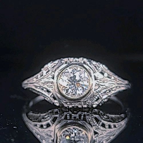 18K WHITE GOLD VINTAGE FILIGREE ENGAGEMENT RING 0.55CT.NATURAL EURO DIAMOND (1 of 2)