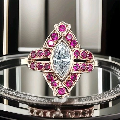 14K ROSE GOLD VINTAGE ENGAGEMENT RING 1.17CT. NATURAL MARQUISE DIAMOND RUBY: 14K Rose Gold Vintage Engagement Ring 1.17ct. Natural Marquise Diamond Ruby A romantic vintage treasure crafted in warm 14K rose gold, showcasing timeless elegance and vibrant color contrast. At the c