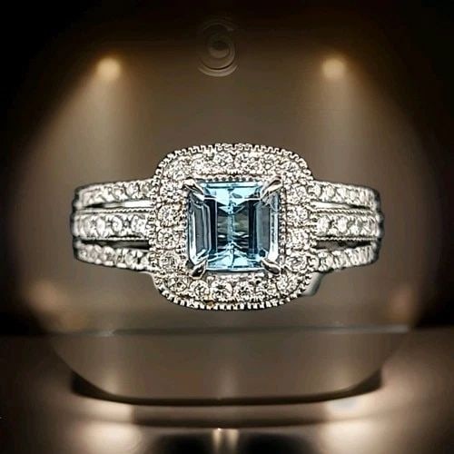 14K WHITE GOLD EMERALD SHAPE AQUAMARINE RING 1.84CT SKY BLUE WITH DIAMOND ACCENT: 14K WHITE GOLD ENGAGEMENT RING 0.84CT. NATURAL BLUE AQUAMARINE EMERALD SHAPE Gorgeous 14k white gold ring natural aquamarine emerald shape Center natural aquamarine in emerald shape weight 0.84ct. siz