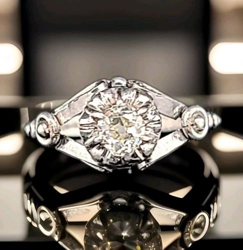 PLATINUM VINTAGE ENGAGEMENT RING 0.45CT.OLD MINE CUT DIAMOND CIRC 1910'S (1 of 2)