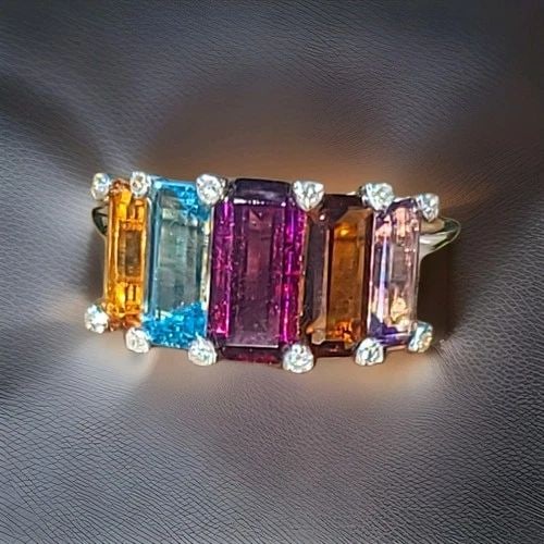 14K YELLOW GOLD RING 5.65CT. AMETHYST BLUE TOPAZ CITRINE IN EMERALD SHAPE (1 of 2)
