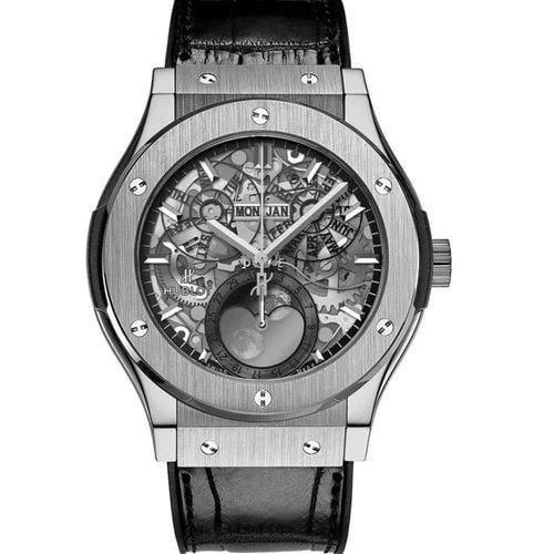 NEW HUBLOT CLASSIC FUSION MOONPHASE TITANIUM 45MM MENS WATCH 517.NX.0170.LR: NEW HUBLOT CLASSIC FUSION MOONPHASE TITANIUM 45MM MENS WATCH Manufacturer Hublot Category Classic Fusion Subcategory Moonphase Reference Number 517.NX.0170.LR Band Color Black Band Type Alligator Beze