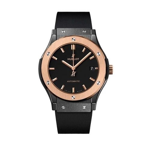 NEW HUBLOT CLASSIC FUSION 45 MM BLACK CERAMIC ROSE GOLD WATCH 511.CO.1181.RX: NEW HUBLOT CLASSIC FUSION 45 MM BLACK CERAMIC ROSE GOLD WATCH Manufacturer Hublot Category Classic Fusion Reference Number 511.CO.1181.RX Band Color Black Band Type Rubber Bezel 18k Rose Gold Bezel Bo
