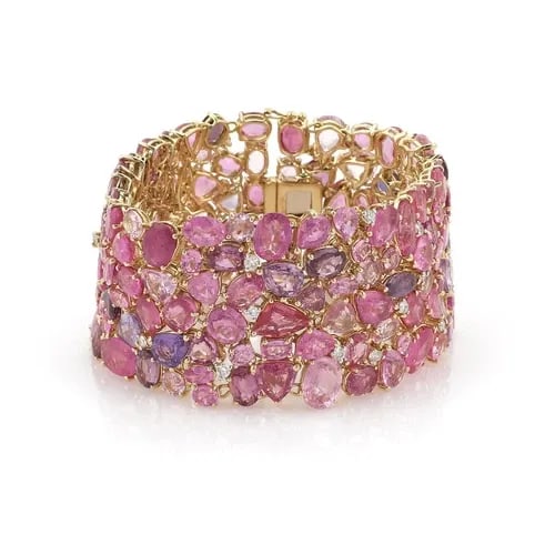 ESTATE 151 CARATS PINK SAPPHIRE & DIAMOND 18K YELLOW GOLD WIDE BRACELET (1 of 2)