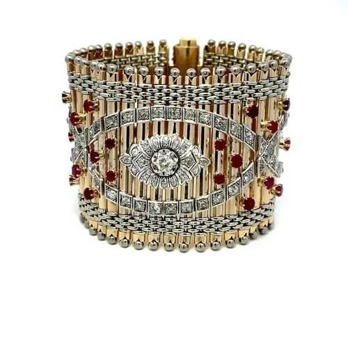 LARGE 9.5CT DIAMOND RUBIES 18K TWO TONE GOLD LINK WIDE BRACELET 2.2" WIDE 196GR: LARGE 9.5CT DIAMOND RUBIES 18K TWO TONE GOLD LINK WIDE BRACELET 2.2" WIDE 196GR This is an impressive large and wide vintage bracelet, crafted from 18k yellow and white gold featuring long fence stick
