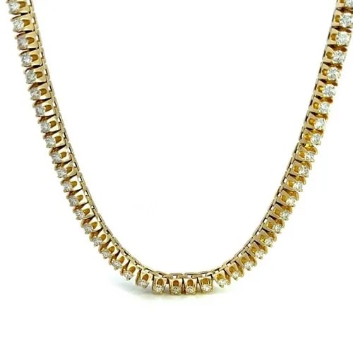 DIAMOND NECKLACE 14K YELLOW GOLD 5MM WIDE LINE TENNIS NECKLACE 27.5" LONG: DIAMOND NECKLACE 14K YELLOW GOLD 5MM WIDE LINE TENNIS NECKLACE 27.5" LONG This long eye-catching full length line tennis necklace is crafted from 14k yellow gold with square links and basket mount, ea