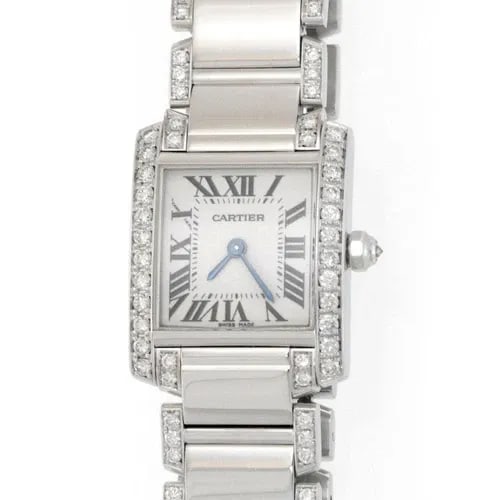 CARTIER WATCH TANK FRANCAISE DIAMOND 18K WHITE GOLD LADIES W/DIAMOND BAND: The Cartier Watch Tank Francaise Diamond 18k White Gold Ladies is a luxurious wristwatch with a square case featuring Roman numerals and a 12-hour dial. The watch is crafted with 18k white gold and a 
