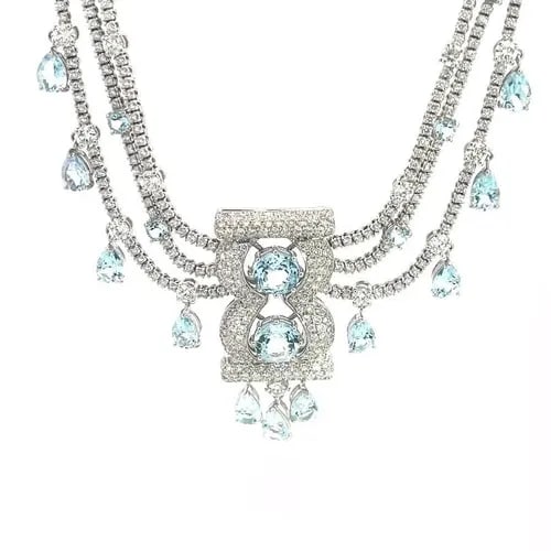 BEDAT & CO. AQUAMARINE GOLD DIAMOND NECKLACE DIAMOND 20CT 18K WHITE SWISS: BEDAT & CO. AQUAMARINE GOLD DIAMOND NECKLACE DIAMOND 20CT 18K WHITE SWISS This is a magnificent luxury layered 18k white gold necklace by Bedat & Co. Swiss. The centerpiece/pendant has a long open sty