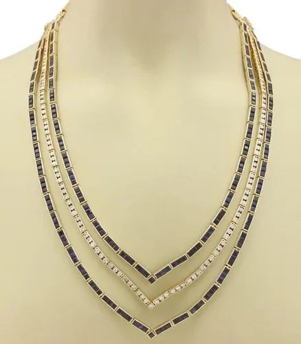 ESTATE 54.60CT DIAMOND & SAPPHIRE 18K YELLOW GOLD FANCY 3 ROW NECKLACE (1 of 2)