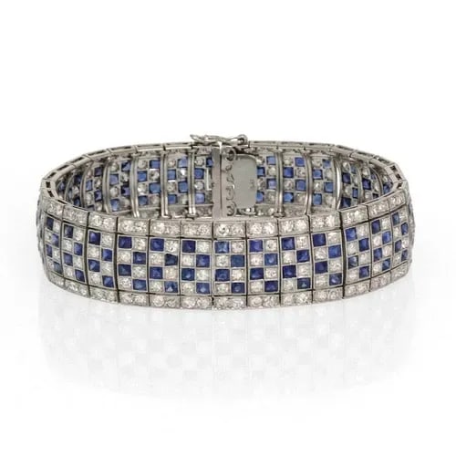 ART DECO 15CT OLD MINE CUT DIAMOND FRENCH CUT SAPPHIRE PLATINUM BRACELET (1 of 2)