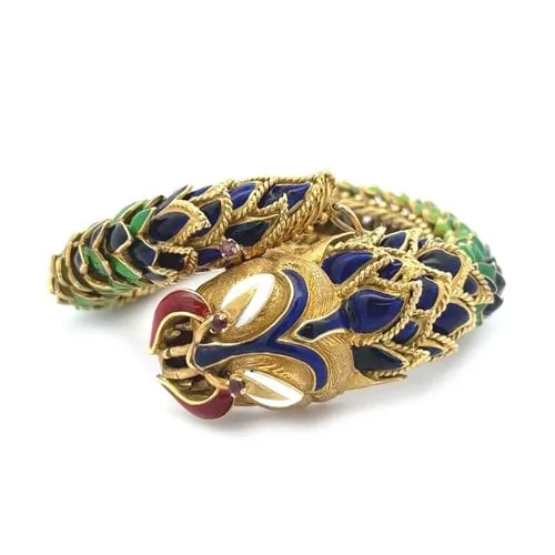 ENAMEL DRAGON BRACELET 18K YELLOW GOLD RUBY FLEX BANGLE 164GR (1 of 2)