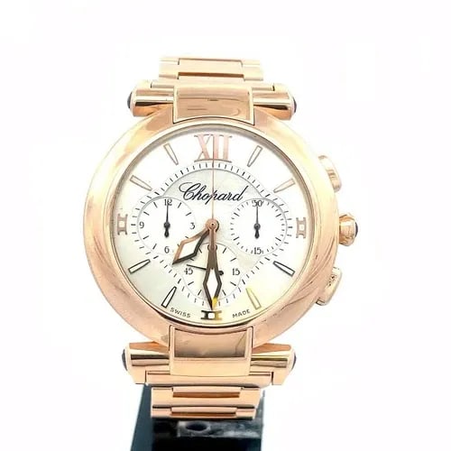CHOPARD IMPERIALE CHRONOGRAPH GOLD WATCH AUTOMATIC DATE 40MM 160GR 18K ROSE GOLD: CHOPARD IMPERIALE CHRONOGRAPH GOLD WATCH AUTOMATIC DATE 40MM 160GR 18K ROSE GOLD Eye-catching and authentic from the Imperiale Collection, this Chopard Chronograph Automatic wristwatch case and band i