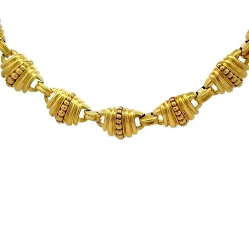 JUDITH RIPKA COLLAR NECKLACE 18K YELLOW GOLD EMBOSSED BAR LINKS 141.8GR: JUDITH RIPKA COLLAR NECKLACE 18K YELLOW GOLD EMBOSSED BAR LINKS 141.8GR This is a gorgeous authentic collar necklace by Judith Ripka, it is crafted from 18k yellow gold featuring fancy satin polished 