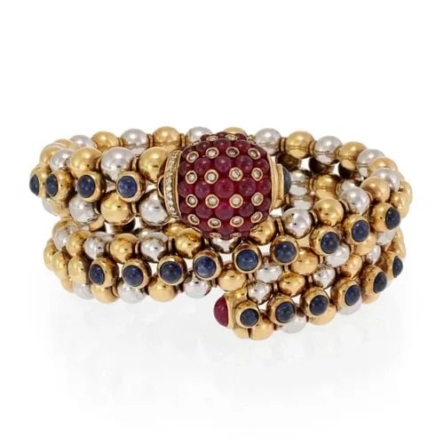 VINTAGE 11.25CT RUBY SAPPHIRE DIAMOND 18K GOLD 3 ROW BEADED WRAP BRACELET (1 of 2)