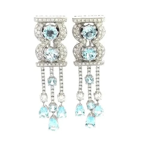 BEDAT & CO. AQUAMARINE GOLD DIAMONDS LONG EARRINGS 18K WHITE 10.60CT DROP DANGLE: BEDAT & CO. AQUAMARINE GOLD DIAMONDS LONG EARRINGS 18K WHITE 10.60CT DROP DANGLE A RARE collection by Swiss Bedat & Co. This stunning pair of 18k white gold earrings will look absolutely fabulous on y