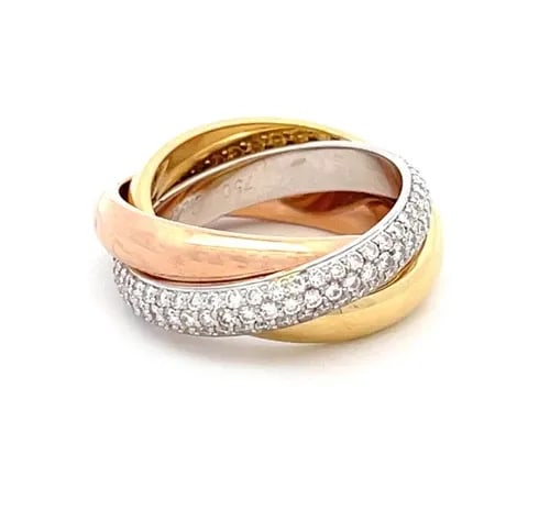 CARTIER TRINITY CLASSIC DIAMOND 18K TRICOLOR GOLD ROLLING RING SIZE 6 W/PAPER: CARTIER TRINITY CLASSIC DIAMOND 18K TRICOLOR GOLD ROLLING RING SIZE 6 W/PAPER Authentic by Cartier from the Trinity Collection, this beautiful rolling band ring is crafted from 18k yellow, white and r