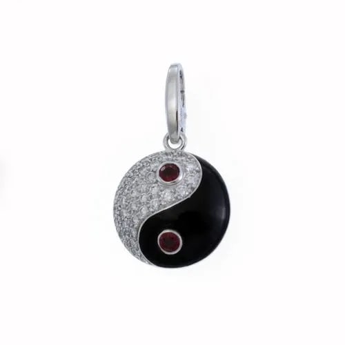 CARTIER YING YANG PAVE DIAMOND RUBY ENAMEL 18K WHITE GOLD CLIP CHARM PENDANT: CARTIER YING YANG PAVE DIAMOND RUBY ENAMEL 18K WHITE GOLD CLIP CHARM PENDANT Cartier Ying Yang Pave Diamond Ruby Enamel 18k White Gold Clip Charm Pendant Description This lovely authentic charm or pen