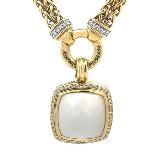 DAVID YURMAN AGATE DIAMOND GOLD NECKLACE ALBION ENHANCER 18K DOUBLE CHAIN: DAVID YURMAN AGATE DIAMOND GOLD NECKLACE ALBION ENHANCER 18K DOUBLE CHAIN This gorgeous authentic necklace by David Yurman from the Albion Collection. The double Spiga/wheat link chains are attached t