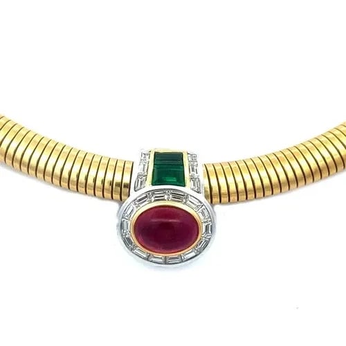 RUBY EMERALD GOLD NECKLACE DIAMOND ENHANCER 18K YELLOW SLIDE OMEGA COLLAR: This is a stunning piece of fine jewelry, the 8mm wide omega necklace is 18k yellow gold with a polished finish and comes with an 18k white and yellow gold slide enhancer with an oval shape frame with