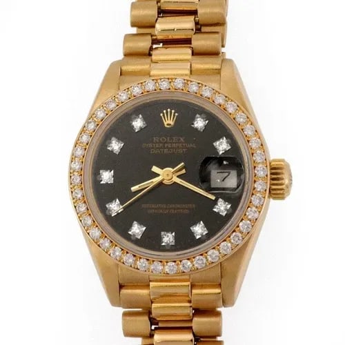 ROLEX WATCH OYSTER DIAMOND DIAL & BEZEL DATEJUST 18K GOLD AUTOMATIC 69178: ROLEX WATCH OYSTER DIAMOND DIAL & BEZEL DATEJUST 18K GOLD AUTOMATIC 69178 The Rolex Watch Oyster Diamond Dial & Bezel DateJust 18k Gold Automatic 69178 is a luxurious timepiece designed for women. Fea
