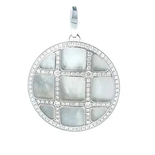 PASHA DE CARTIER GOLD PENDANT NATURAL DIAMOND 18K WHITE LATTICE MOTIF PAPER: This Cartier Pasha de Cartier Gold Pendant is a stunning piece of jewelry featuring a 29mm round frame with white shimmering mother of pearl and a beautiful pave set natural white diamond lattice gril