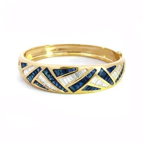 DIAMOND SAPPHIRE BRACELET 10CT GEOMETRIC 18K YELLOW GOLD HINGED BANGLE (1 of 2)
