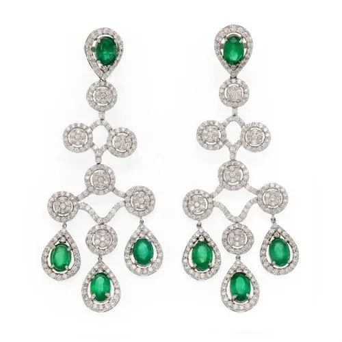 DIAMOND & GEMSTONES EARRINGS 18K WHITE GOLD CHANDELIER ESTATE (1 of 2)