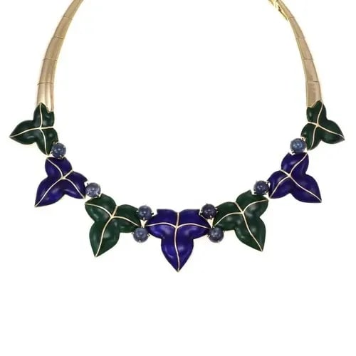 VINTAGE FRENCH 17K YELLOW GOLD SAPPHIRE ENAMEL LEAF DESIGN COLLAR NECKLACE (1 of 2)