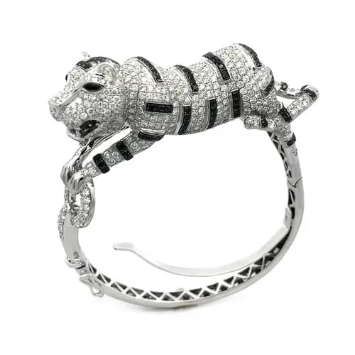 DIAMOND GOLD BANGLE 12CT BLACK & WHITE 3D TIGER (1 of 2)