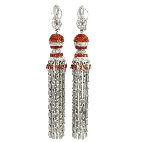 DIAMOND SAPPHIRE DROP EARRINGS 18K WHITE GOLD MULTI-CHAIN LONG DRESS EARRINGS: DIAMOND SAPPHIRE DROP EARRINGS 18K WHITE GOLD MULTI-CHAIN LONG DRESS EARRINGS This gorgeous pair of earrings are crafted from 18k white gold featuring a long drop dangle style with a curved figure 8 a