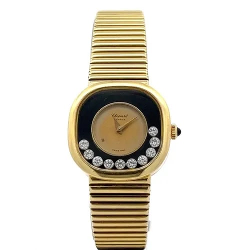 CHOPARD HAPPY DIAMOND WATCH 18K YELLOW GOLD MANUAL WIND LADIES 5089: CHOPARD HAPPY DIAMOND WATCH 18K YELLOW GOLD MANUAL WIND LADIES 5089 This lovely vintage authentic ladies wristwatch is by Chopard from the Happy Diamond Collection, the cushion shape case and tapered 