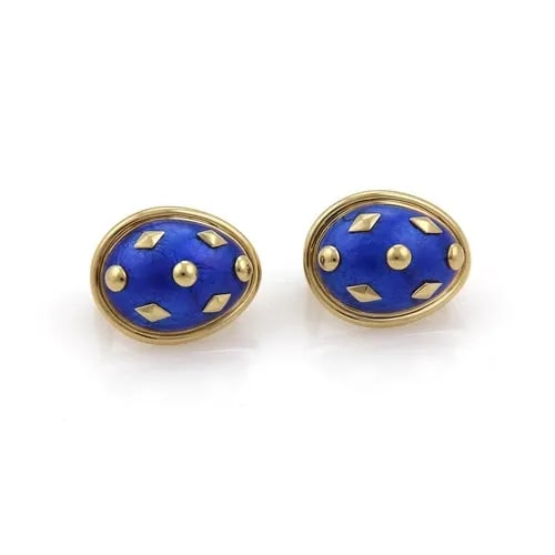 TIFFANY & CO. SCHLUMBERGER BLUE DOT LOZENGE ENAMEL POST CLIP EARRINGS: TIFFANY & CO. SCHLUMBERGER BLUE DOT LOZENGE ENAMEL POST CLIP EARRINGS Tiffany & Co. Schlumberger Blue Dot Lozenge Enamel Post Clip Earrings Description These authentic Tiffany & Co. earrings by design