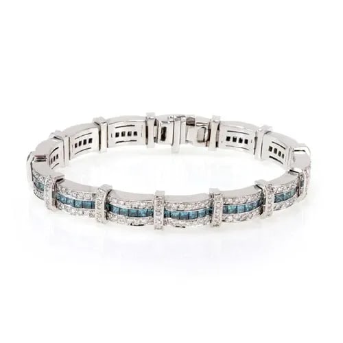 18K WHITE GOLD 10 CARATS BLUE & WHITE DIAMOND WIDE CURVE LINK BRACELET (1 of 2)