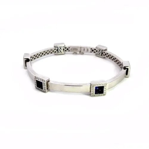 GEORGIOS DIAMOND SAPPHIRE BRACELET 18K WHITE GOLD BAR SQUARE LINK GREECE (1 of 2)