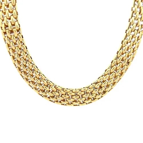 FOPE NOVECENTO MESH GOLD NECKLACE 18K TWO TONE FLEX WOVEN CHAIN 105.5GR: The Fope Novecento Mesh Gold Necklace is a stunning piece of fine jewelry crafted in Italy by the brand Fope. This 18k yellow and white gold necklace features an intricate flexible woven chain design 