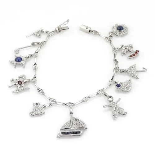 PLATINUM 3.00CT DIAMOND SAPPHIRE RUBY & GARNET 11 CHARMS CHAIN BRACELET (1 of 2)