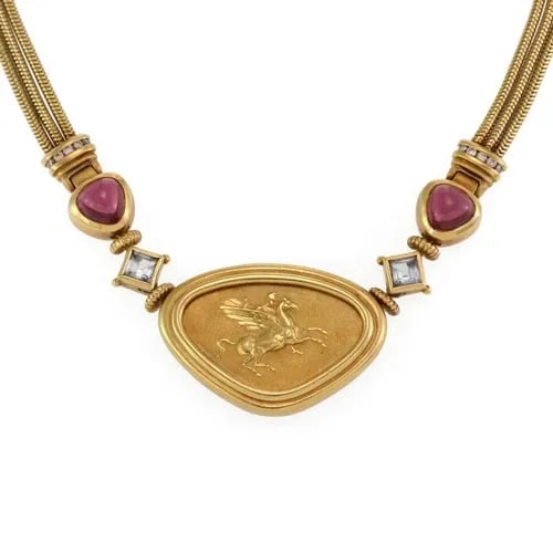 SEIDENGANG DIAMOND & GEMS NECKLACE 18K GOLD PEGASUS PENDANT TRIPLE CHAIN (1 of 2)
