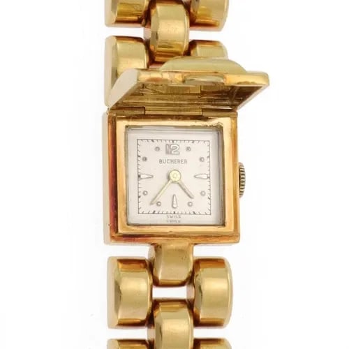 BUCHERER HIDDEN WATCH DIAMOND 18K YELLOW GOLD LADIES WIDE BAR LINK BRACELET (1 of 2)