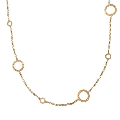 BVLGARI 18K YELLOW GOLD SIGNATURE 6 LARGE CIRCLE MOTIF NECKLACE 37"L: BVLGARI 18K YELLOW GOLD SIGNATURE 6 LARGE CIRCLE MOTIF NECKLACE 37"L Bvlgari 18k Yellow Gold Signature 6 Large Circle Motif Necklace 37"L Description Elite and authentic by Bvlgari from the Signature 