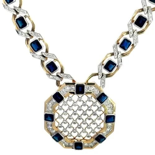 SAPPHIRE DIAMOND GOLD NECKLACE 14K TWO TONE 19CT OCTAGON PENDANT (1 of 2)