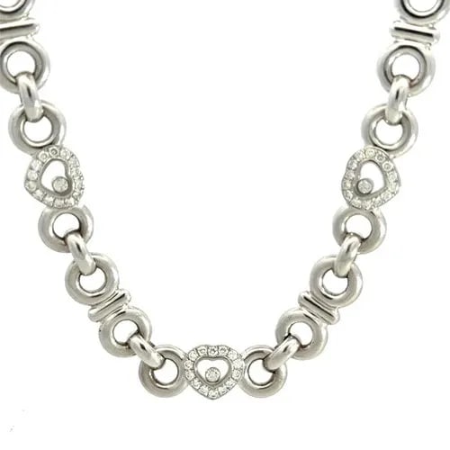 CHOPARD HAPPY DIAMOND GOLD NECKLACE 18K WHITE HEARTS MOTIFS BOX CERT: This elegant Chopard necklace is from the Happy Diamond Collection, it is a luxurious piece of fine jewelry featuring heart-shaped motifs set at the front part of the chain and is crafted from 18k whi