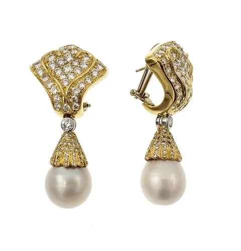 BVCCIARI EARRINGS DIAMOND PEARLS 18K YELLOW GOLD PLATINUM DANGLE (1 of 2)