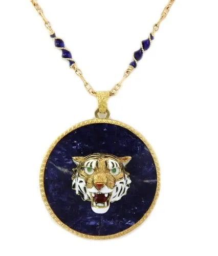 ESTATE LAPIS ENAMEL 18K YELLOW GOLD 3D TIGER HEAD ROUND PENDANT & CHAIN (1 of 2)