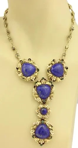 LAPIS DIAMOND GOLD NECKLACE ENAMEL 18K YELLOW FANCY FLORAL DANGLE PENDANT: LAPIS DIAMOND GOLD NECKLACE ENAMEL 18K YELLOW FANCY FLORAL DANGLE PENDANT This is an impressive vintage necklace, it is well crafted from 18k yellow gold with scroll design links as the chain attached