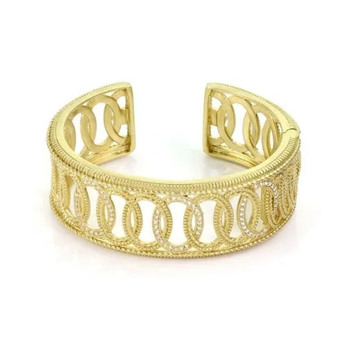 JUDITH RIPKA DIAMOND 18K YELLOW GOLD FANCY OPEN DESIGN CUFF BRACELET: JUDITH RIPKA DIAMOND 18K YELLOW GOLD FANCY OPEN DESIGN CUFF BRACELET Judith Ripka Diamond 18k Yellow Gold Fancy Open Design Cuff Bracelet Description This gorgeous authentic bracelet is from Judith Ri