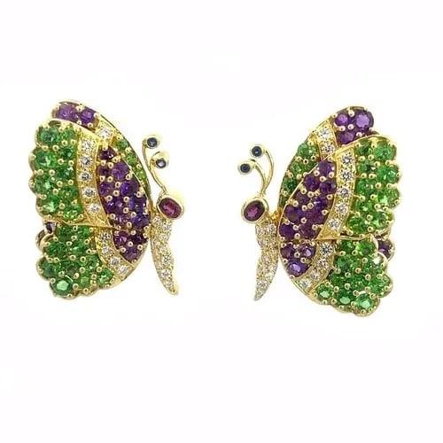 JEAN VITAU DIAMOND 18K GOLD EARRINGS MULTI-COLOR GEMS YELLOW BUTTERFLY: JEAN VITAU DIAMOND 18K GOLD EARRINGS MULTI-COLOR GEMS YELLOW BUTTERFLY This stunning pair of earrings are by designer Jean Vitau, they are crafted from 18k yellow gold featuring butterfly with wings t